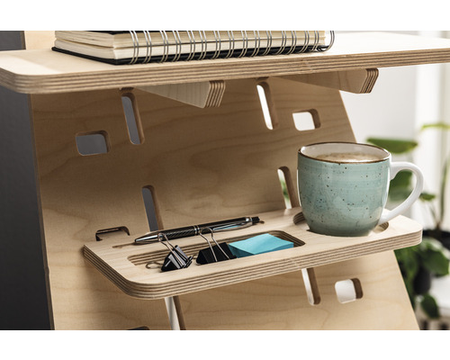Schreibtischaufsatz aus Holz mit Ablagefächern für Bürobedarf und einer Tasse