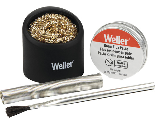 Weller Lötzubehör-Set mit Lötdraht, Flussmittelpaste, Reinigungsbürste und Lötspitzenreiniger