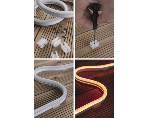 LED-Schlauch Montage mit Halteclips und Schrauben auf Holzuntergrund