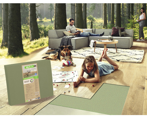 Wohnszene mit Trittschalldämmung unter Laminatboden, Familie und Hund