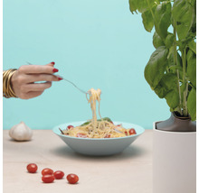 Szene mit einem Teller Pasta, Basilikumtopf, Knoblauchzehe und Tomaten.