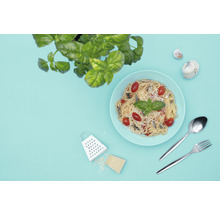 Teller mit Spaghetti, Sardellen, Cherrytomaten und Basilikum, daneben Basilikumpflanze, Knoblauchzehen, Reibe, Käsestück und Besteck