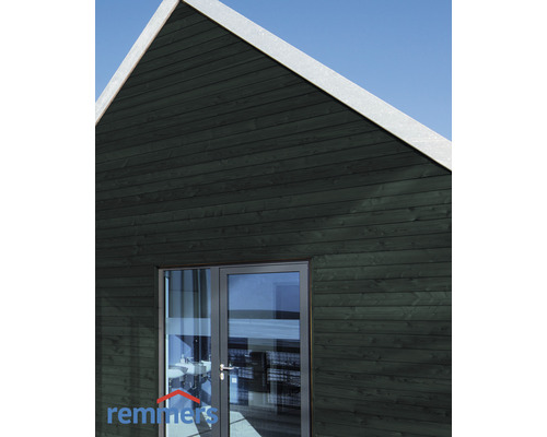 Holzhausfassade mit Doppeltür und Remmers Logo