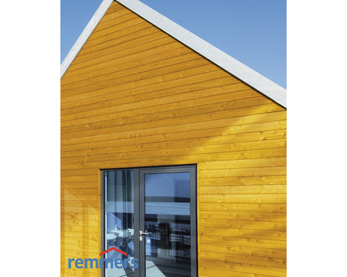 Holzhausfassade mit Doppeltür und Remmers Logo