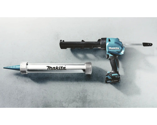 Akku-Kartuschenpistole neben Kartusche mit Makita Logo