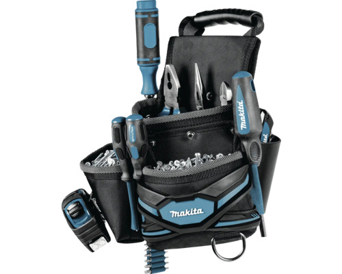 Makita Werkzeughüfttasche mit Werkzeugen wie Schraubendrehern, Zangen und Schrauben