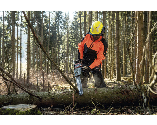 Eine Person mit Schutzkleidung sägt einen Baumstamm mit einer Kettensäge in einem Wald.