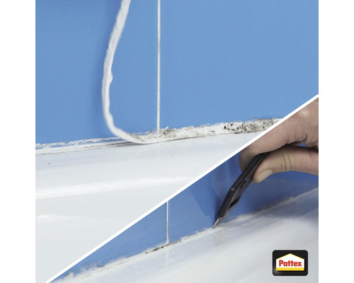 Anwendung von Fugendichtstoffentferner an einer gefliesten Badewanne mit Pattex Logo