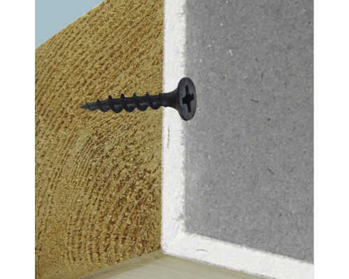 Schwarze Schraube in Holz und einer grauen Platte