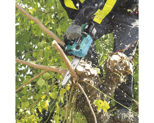 Mann schneidet Baum mit Akku-Kettensäge Makita