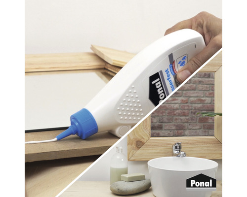 Darstellung von Holzleim bei der Holzverarbeitung und einem Badezimmer mit Waschbecken