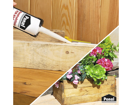Anwendung von Ponalkonstruktionskleber auf Holz und bepflanzter Holzkasten mit Ponal Logo