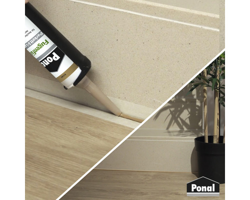 Auftragen von Fugenfüller auf Parkettboden mit einer Kartusche. Ponal Logo.