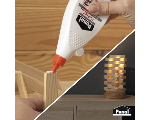 Anwendung von Holzleim und fertige Holzbalkenlampe, Ponal Logo