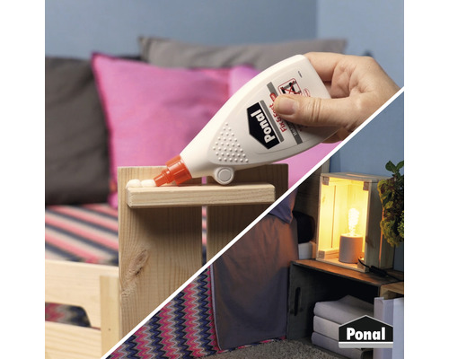 Anwendung von Ponalkleber zum Verkleben von Holz und Präsentation eines Nachttisches aus Holzkisten