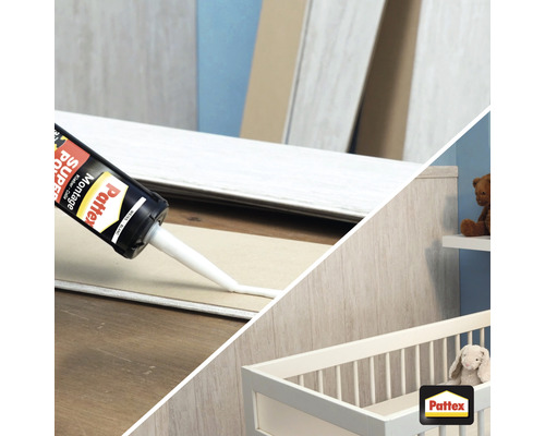 Pattex Montagekleber wird zum Anbringen von Wandpaneelen und einem Kinderbett verwendet.