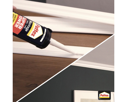 Pattex Montagekleber wird auf eine weiße Zierleiste aufgetragen