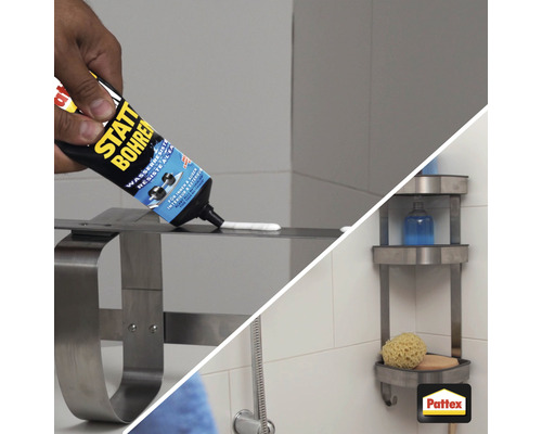 Anwendung von Montagekleber auf einem Metallregal im Badezimmer. Im Bild ist außerdem ein Eckregal zu sehen.