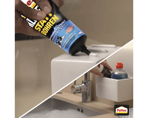 Anwendung von Pattex Kleben statt Bohren Klebstoff im Badezimmer.