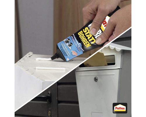 Anwendung von Montagekleber statt Bohren und Pattex Logo