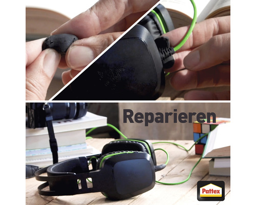 Reparieren von Kopfhörern mit Reparaturmasse und Pattex Logo.
