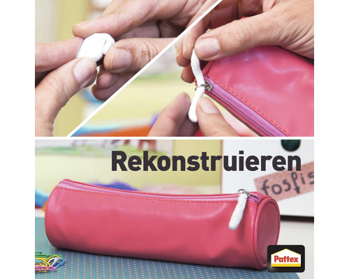 Reparatur eines Mäppchenzippers mit Pattex Reparaturknete. Pattex Logo.