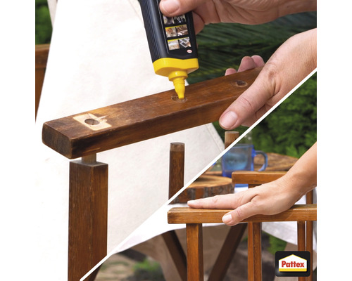 Reparatur eines Holzstuhls mit Holzleim. Pattex Logo.