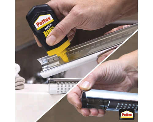 Person repariert mit Klebstoff ein Metallelement, Pattex Logo