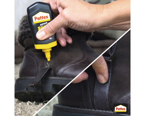 Eine Person repariert einen braunen Stiefel mit Pattex Repair 100 Prozent Klebstoff