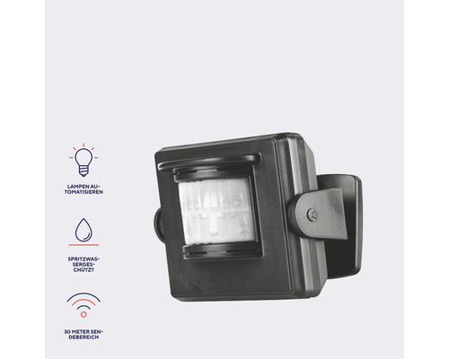 Bewegungsmelder zur Lampenautomatisierung mit Spritzwasserschutz und 30 Meter Sensorbereich