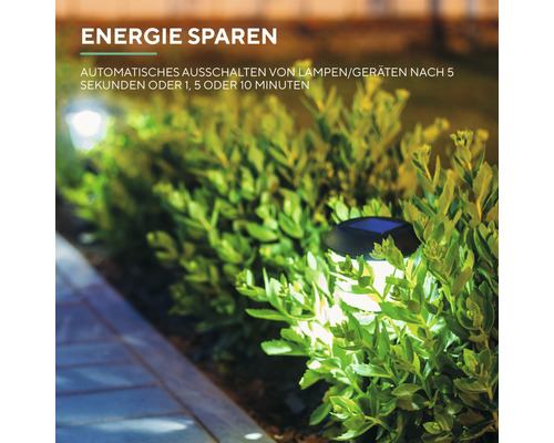 Solarleuchten beleuchten einen Gartenweg, automatisches Abschalten spart Energie