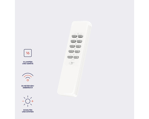 Weiße Fernbedienung zum Schalten und Dimmen von Lampen und Geräten