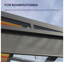 Außenansicht eines Rollladens mit der Aufschrift ''Für Rohrmotoren. Der ASUN-650 ist für Rohrmotoren bis zu 500 Watt geeignet.''
