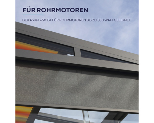 Außenansicht eines Rollladens mit der Aufschrift ''Für Rohrmotoren. Der ASUN-650 ist für Rohrmotoren bis zu 500 Watt geeignet.''