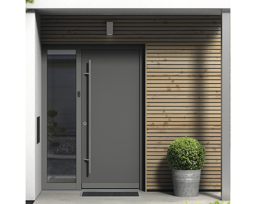 Moderne Haustür mit Seitenteil und Holzverkleidung