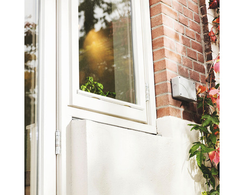 Fenster mit Mauerwerk und Außensteckdose