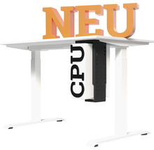 Höhenverstellbarer Schreibtisch mit CPU-Halterung und dem Schriftzug ''NEU''.