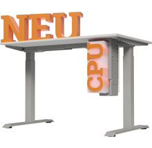 Höhenverstellbarer Schreibtisch mit CPU Halterung und dem Schriftzug Neu