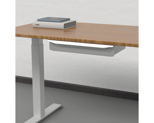 Höhenverstellbarer Schreibtisch mit Schublade und Büchern