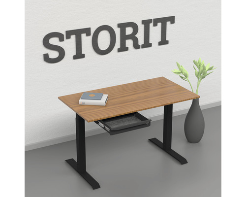 Höhenverstellbarer Schreibtisch mit Schublade, Bücher und Vase