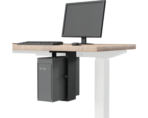 Computerhalterung unter einem Schreibtisch mit Computer, Monitor und Tastatur