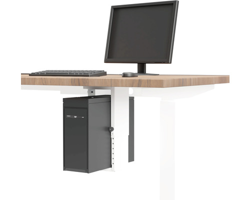 Computerhalterung unter einer Tischplatte mit einem Monitor, einer Tastatur und einer Computerbox