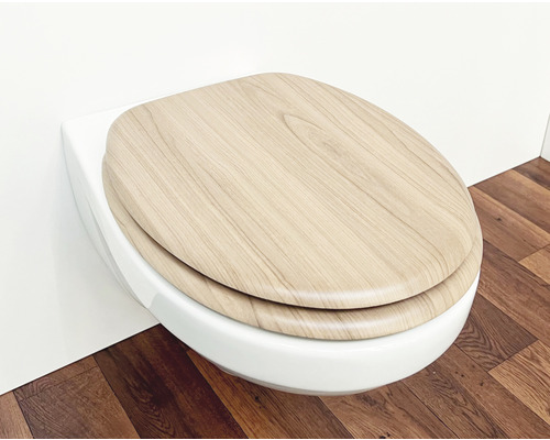 Toilettensitz mit Holzdekor auf einem weißen Wand-WC