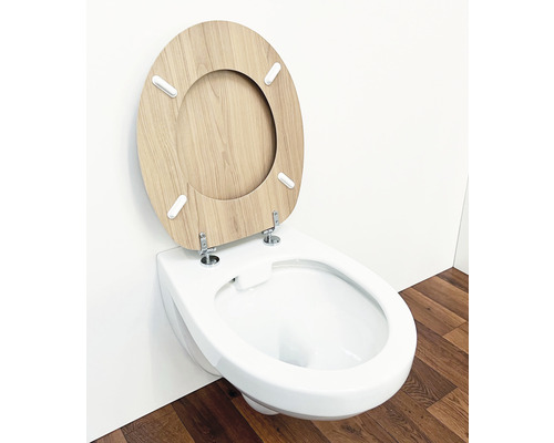 Wand-Tiefspültoilette mit offenem Holzfurnier-Sitz