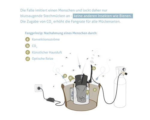 Illustration einer Mückenfalle mit Konvektionsströmen, Kohlendioxid, künstlichem Hautduft und optischen Reizen.