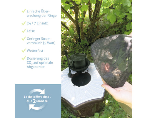 Mückenbekämpfungsgerät im Garten mit Fangnetz in der Hand
