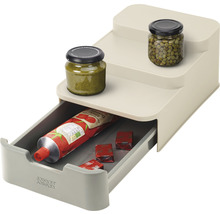 Küchenorganisator mit Schublade und zwei Ablageflächen für Gläser, Tube und Brühwürfel.