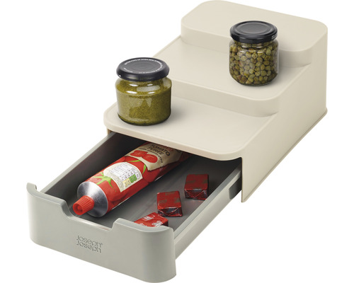 Küchenorganisator mit Schublade und zwei Ablageflächen für Gläser, Tube und Brühwürfel.