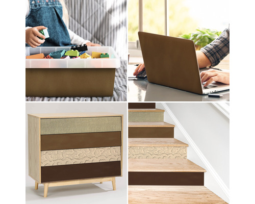 Collage mit Aufbewahrungsbox mit Spielzeug, Person mit Laptop, Kommode und Treppe