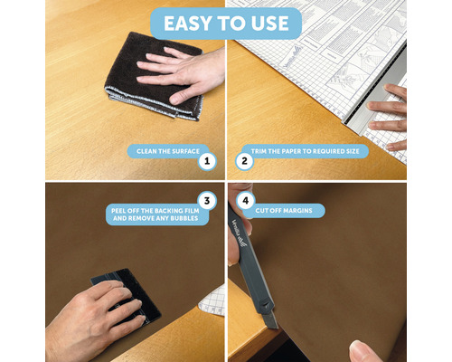 Anleitung zur einfachen Verwendung von Klebefolie: Reinigen der Oberfläche, Zuschneiden des Papiers, Entfernen der Schutzfolie und Zuschneiden der Ränder.